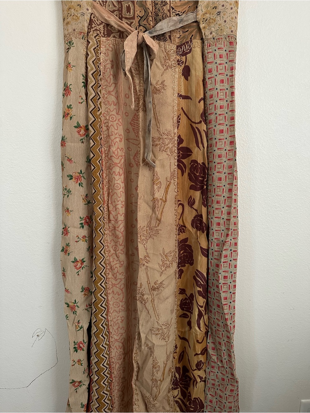 Vintage Y2K Boho Patchwork Embroidered Babydoll Maxi Dress Beige Pink Accent - Picture 5 of 5